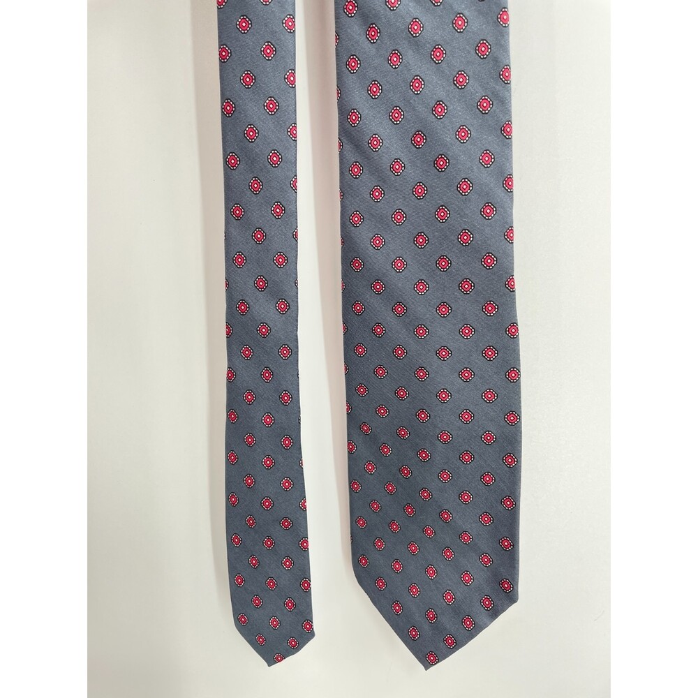 CHRISTIAN DIOR Gray and Red Dotted 100% Silk Necktie Tie